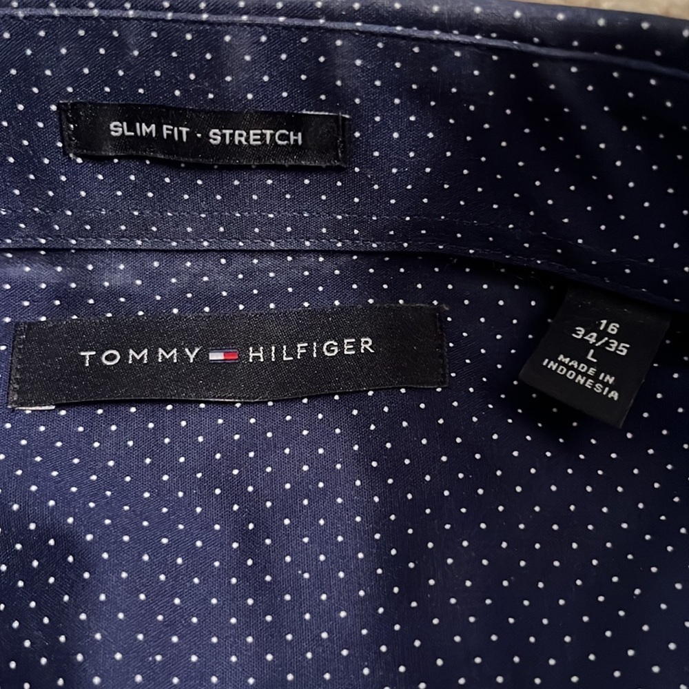 Mens Tommy Hilfiger blue and white polka dot button down size L 16 34/35 - Picture 3 of 3